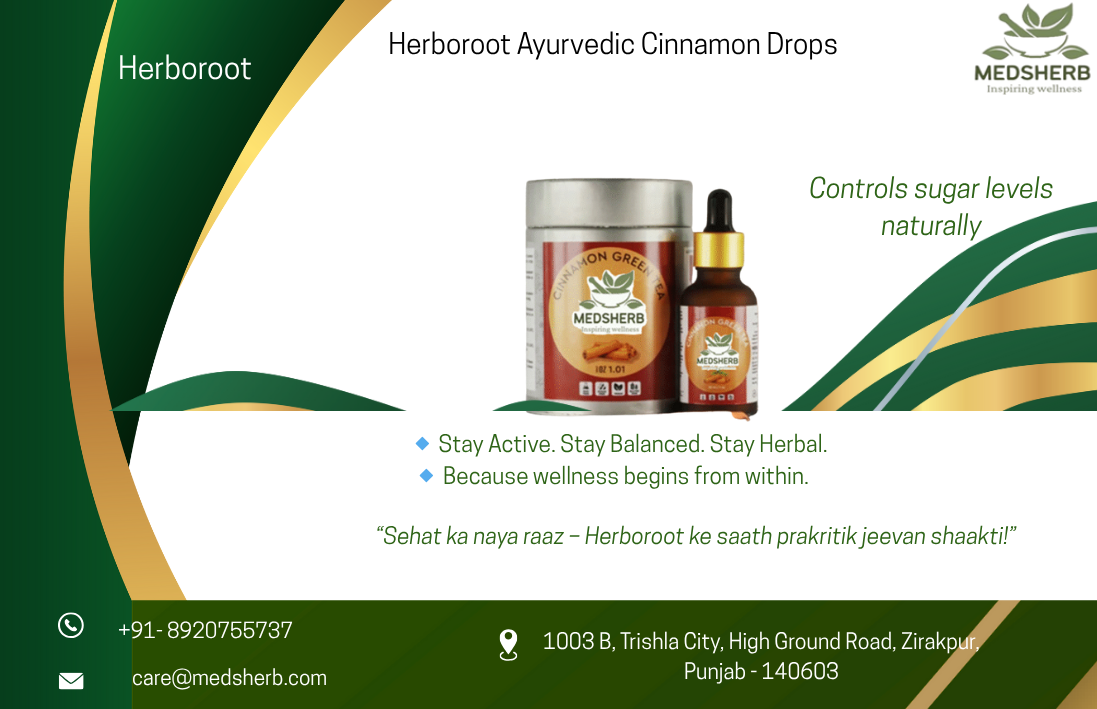 Herboroot Ayurvedic Cinnamon Drops by Medsherb – Herbal drops with Cinnamon and Green Tea Extract for natural sugar control, energy boost, and digestive care.