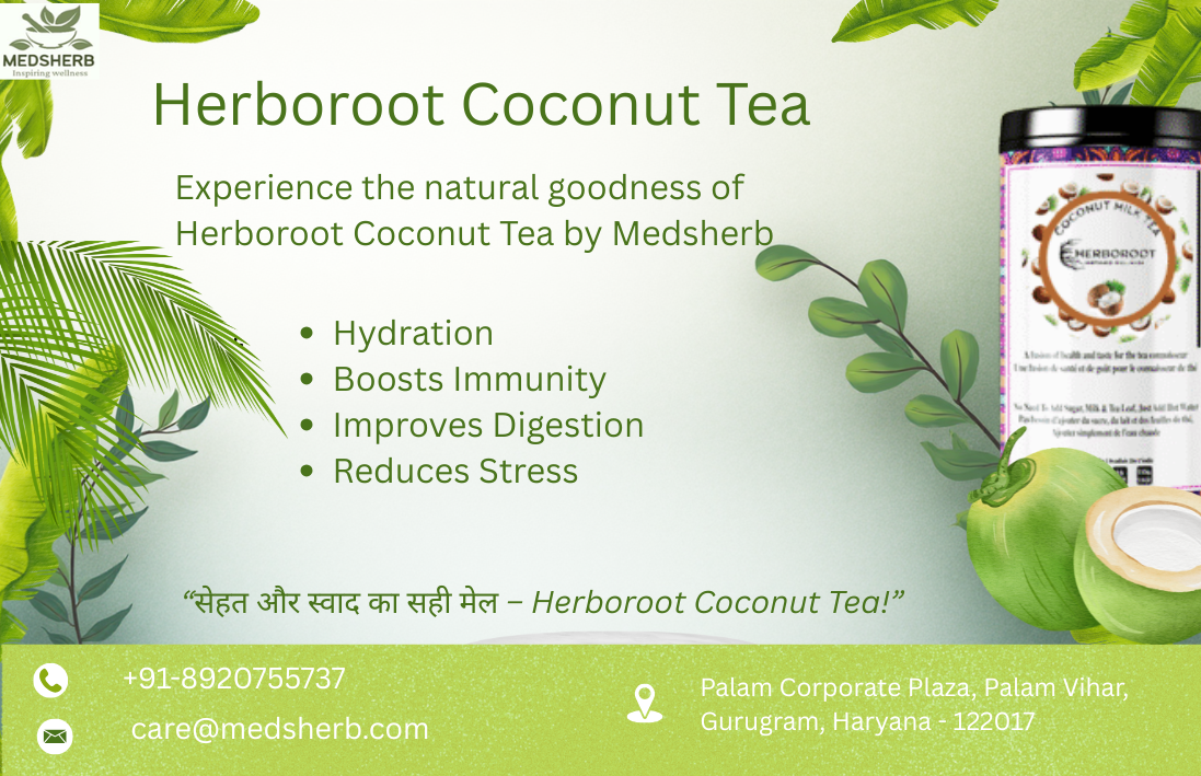 Herboroot Coconut Tea by Medsherb – Ayurvedic herbal coconut drink for hydration and wellness