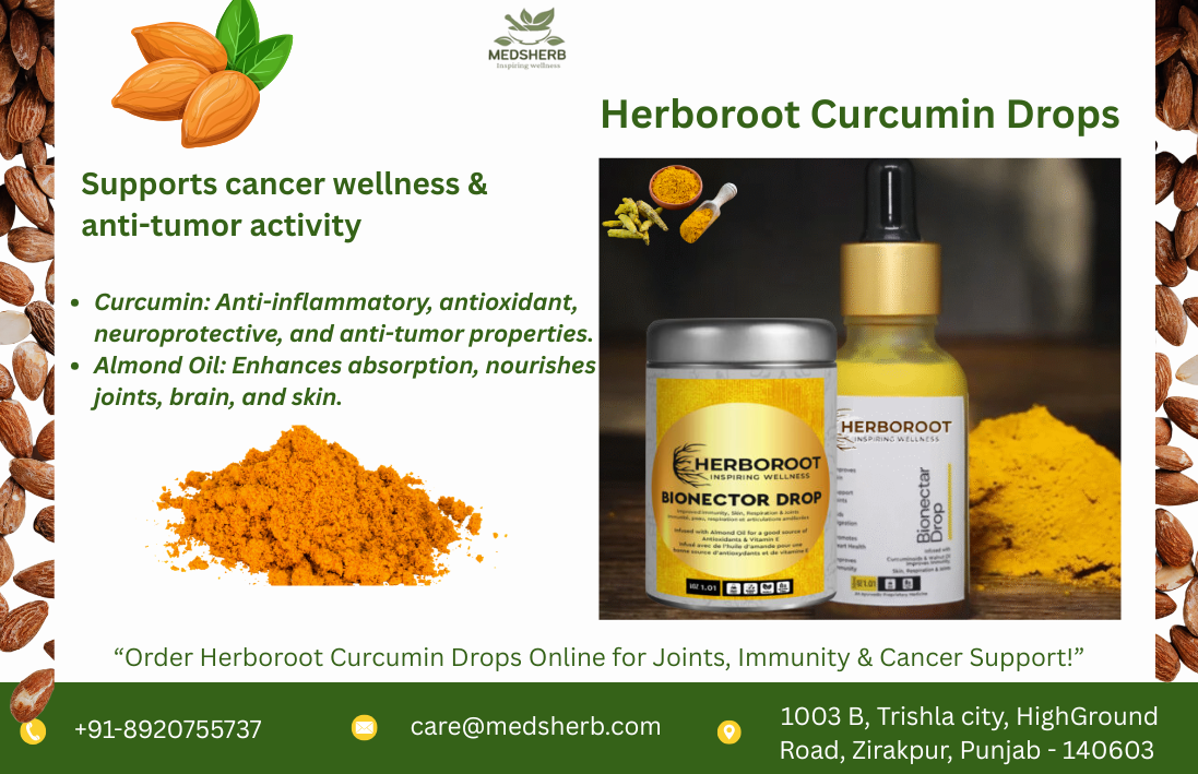 Herboroot Curcumin Drops by Medsherb – Ayurvedic wellness drops with Curcumin and Almond Oil for cancer wellness, anti-tumor support, joint health, and overall immunity.
