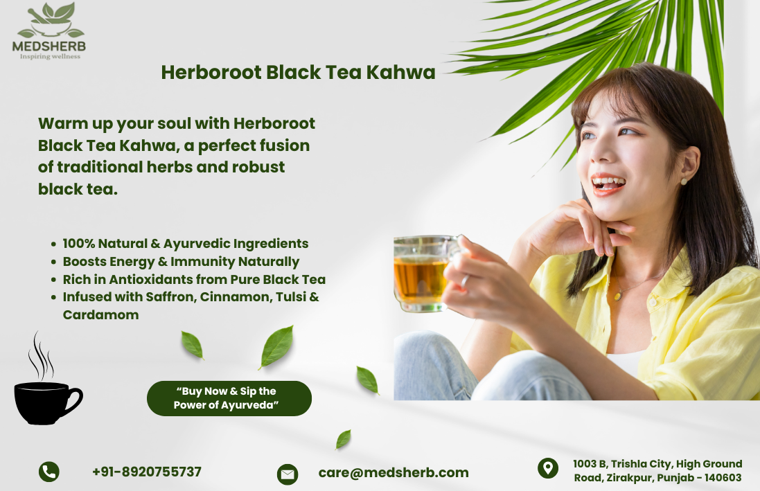 Herboroot Black Tea Kahwa – Ayurvedic Herbal Kahwa Tea from Punjab, India, made with saffron, tulsi, and cinnamon for natural energy and immunity boost
