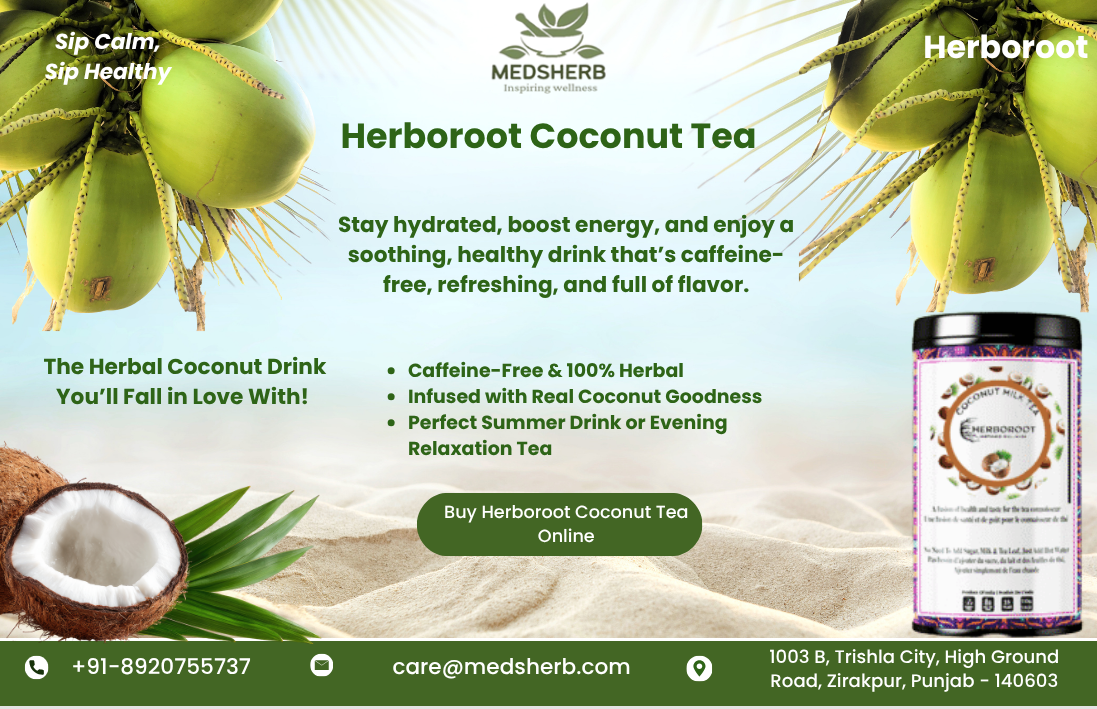 Herboroot Coconut Tea by Medsherb – Ayurvedic Herbal Coconut Drink for Hydration and Immunity.