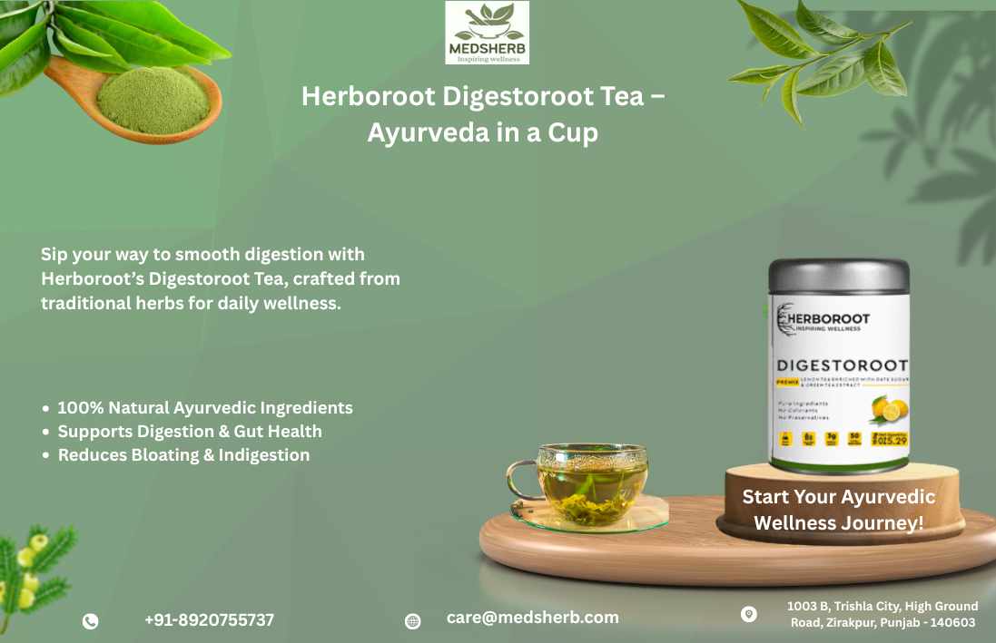 Herboroot Digestoroot Tea by Medsherb – Ayurvedic natural digestive detox tea in a cup with herbs, supporting gut health and reducing bloating.