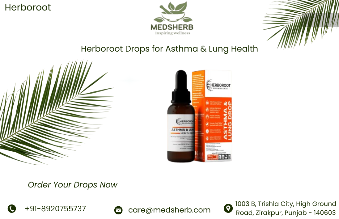 Herboroot Ayurvedic drops for asthma relief and lung health, herbal respiratory support formula with ginger, carom seeds, black pepper and pomegranate